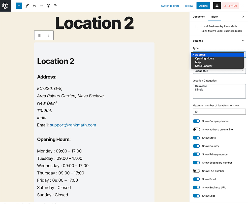 Bloque avanzado para mostrar información comercial local