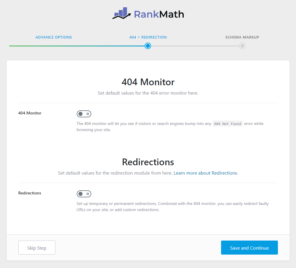 Setting in the 404 monitor and redirection manager