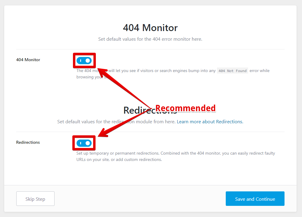 Enable kedua opsi di 404 monitor and redirect manager di Rankmath