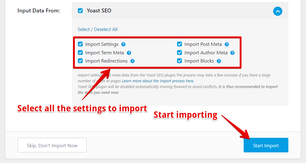 Piliih Settings dan klik import untuk memulai importing settings