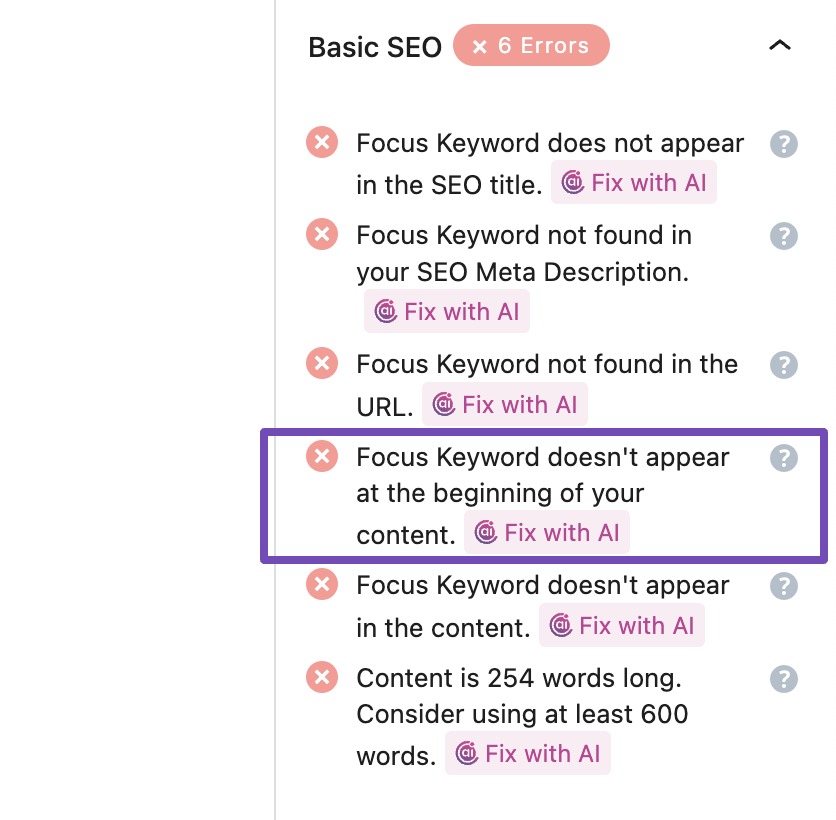 focus keyword in the beginning of content optimization test