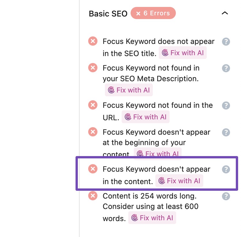 focus keyword appearing in content optimization test