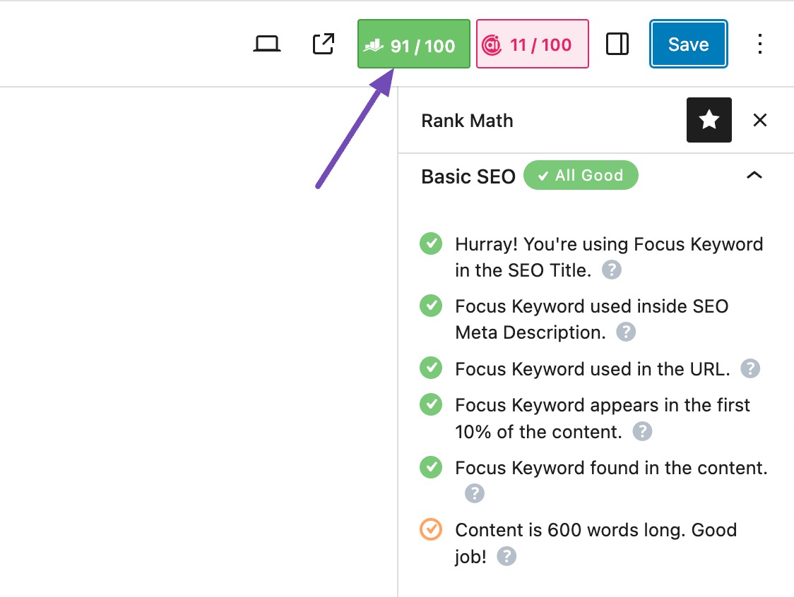 the overall score for primary focus keyword rank math block