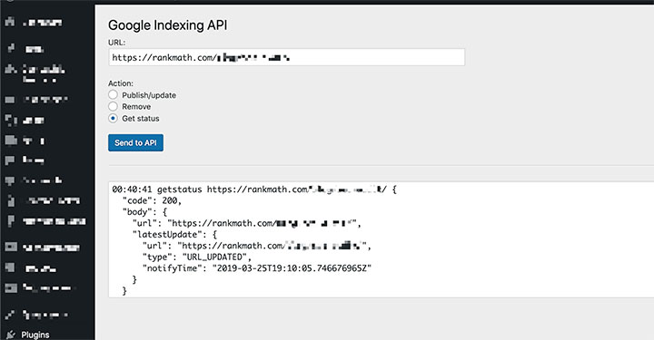 Rank Math Google Indexing API Status Check