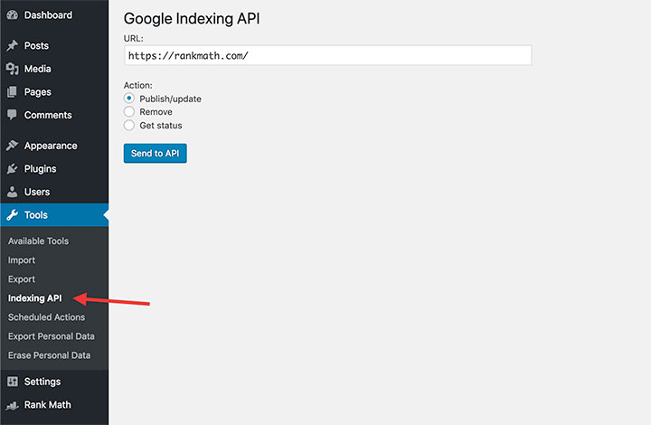 Rank Math Google Indexing API settings