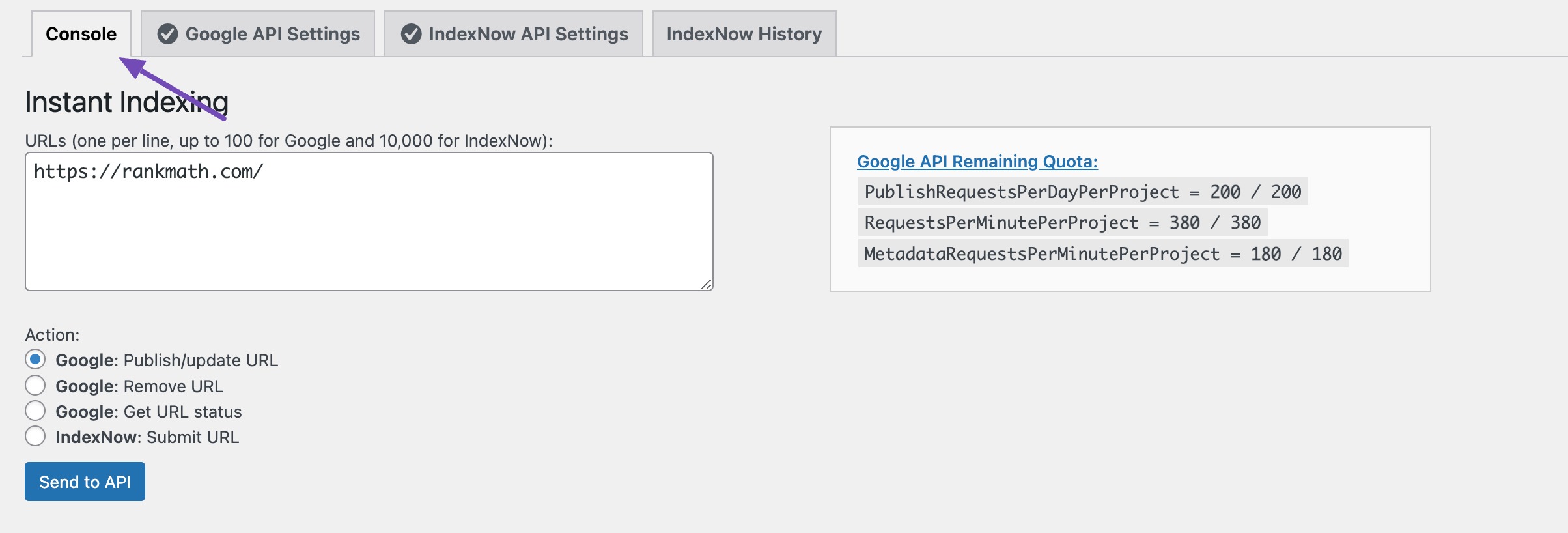 Console tab under Rank Math Instant Indexing