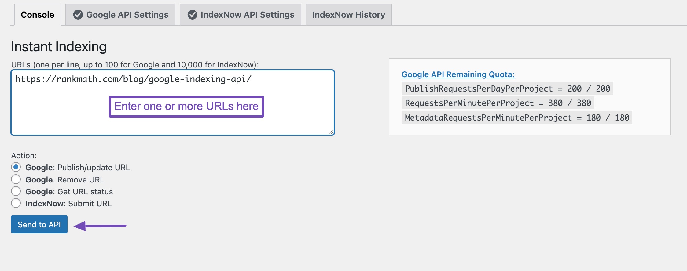 Send URLs to API for Instant Indexing