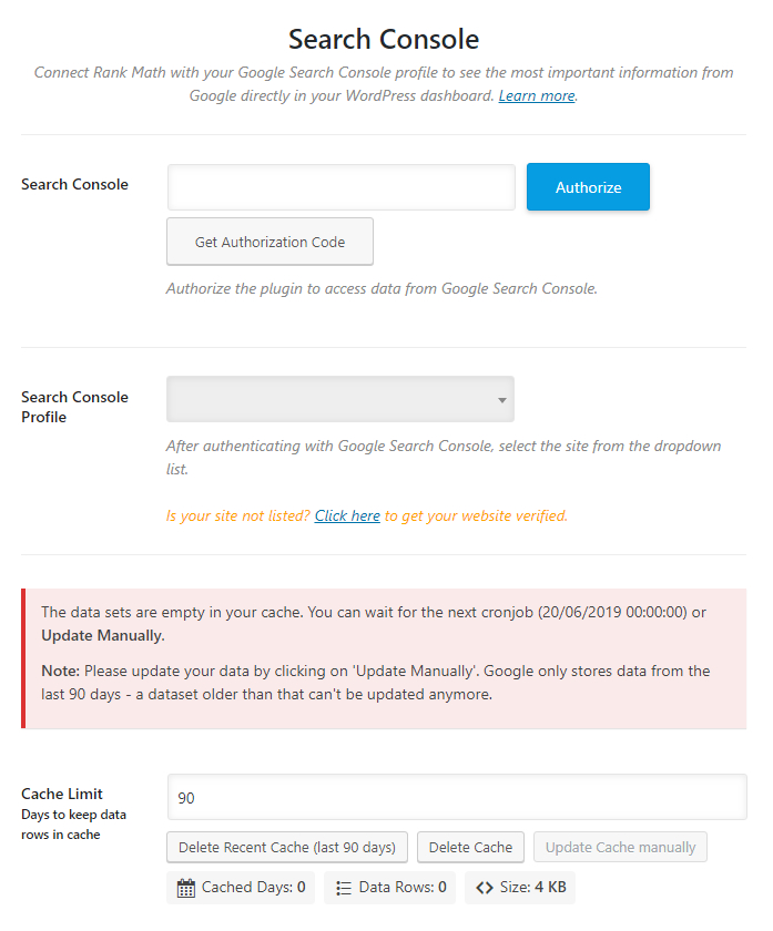 all options in google search console settings