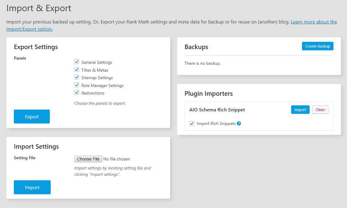 all sections in import and export setings