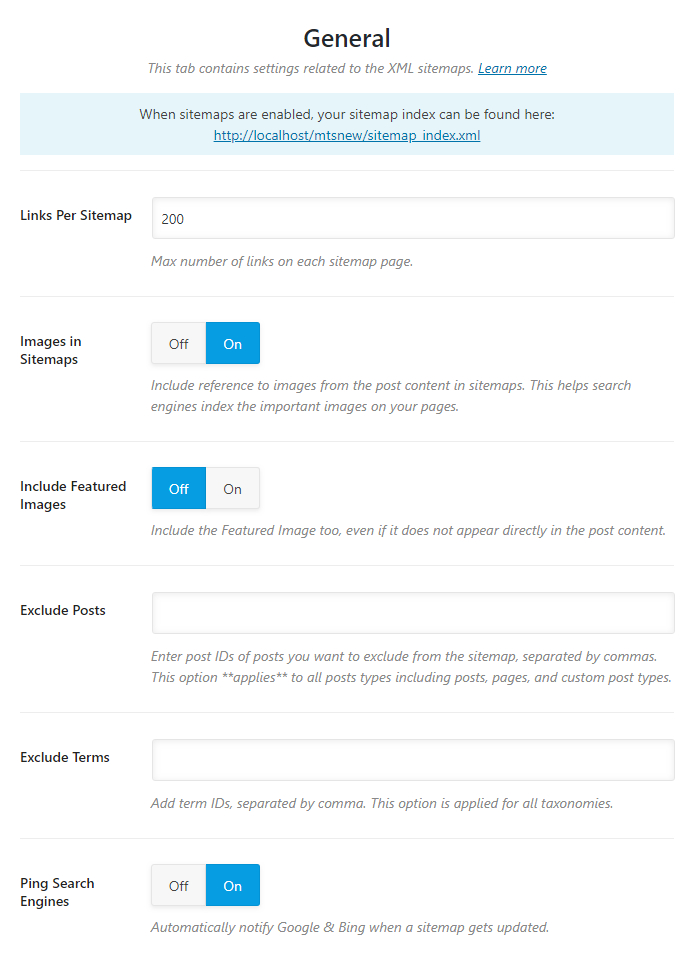 all settings in sitemap general tab