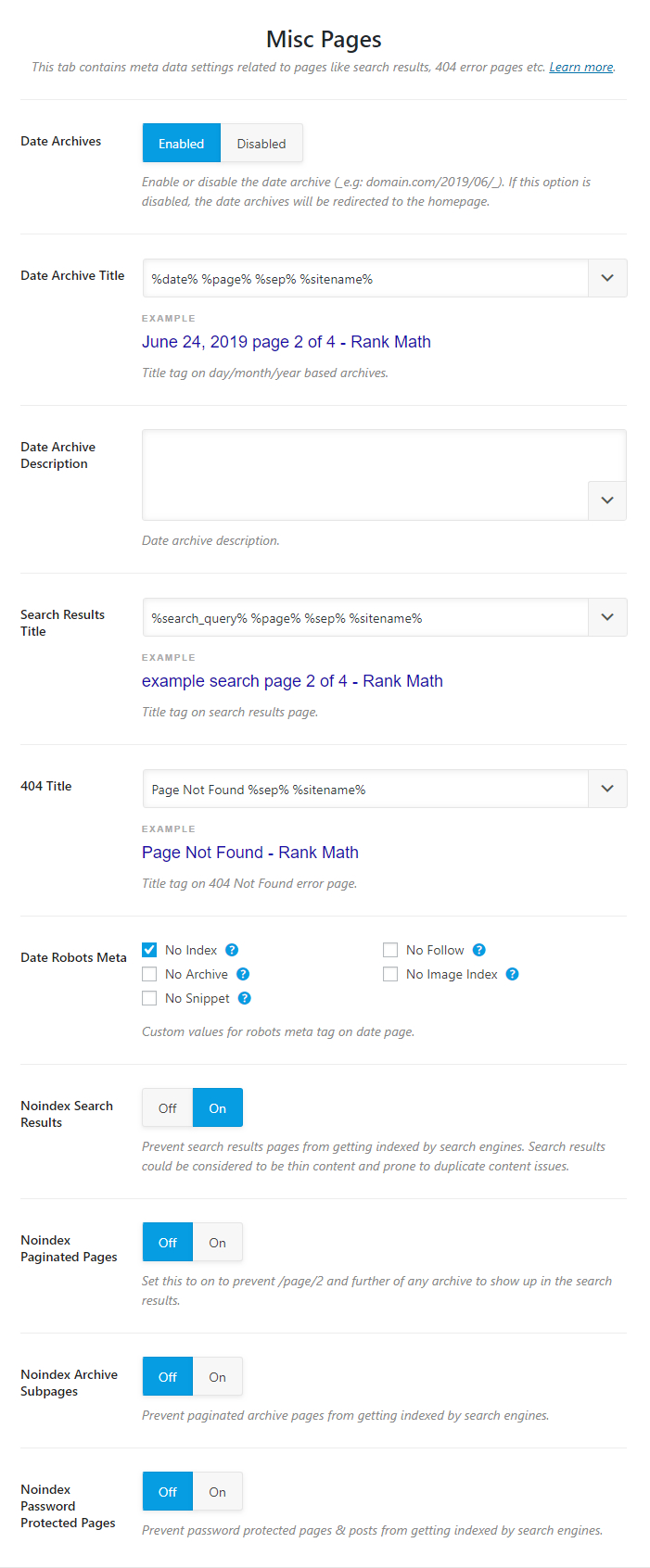 all the settings in misc pages