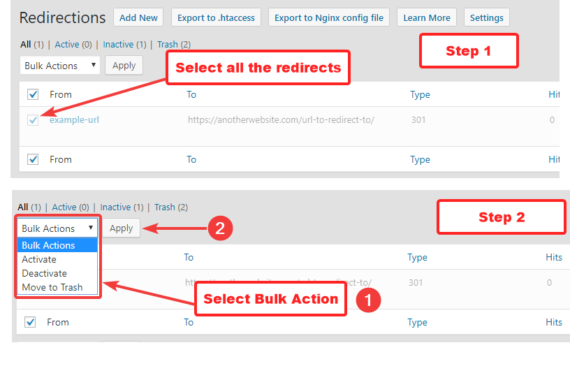 bulk actions for redirects