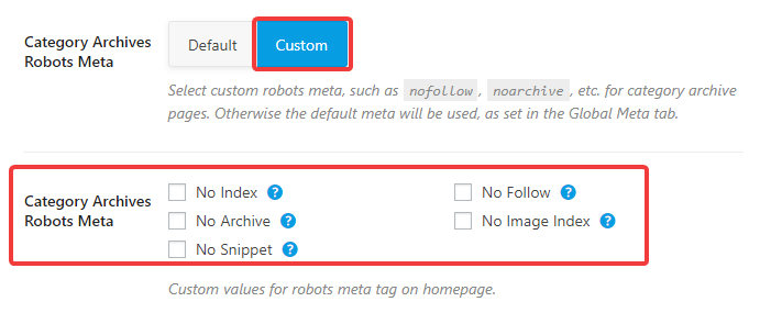 category archive robots meta custom settings