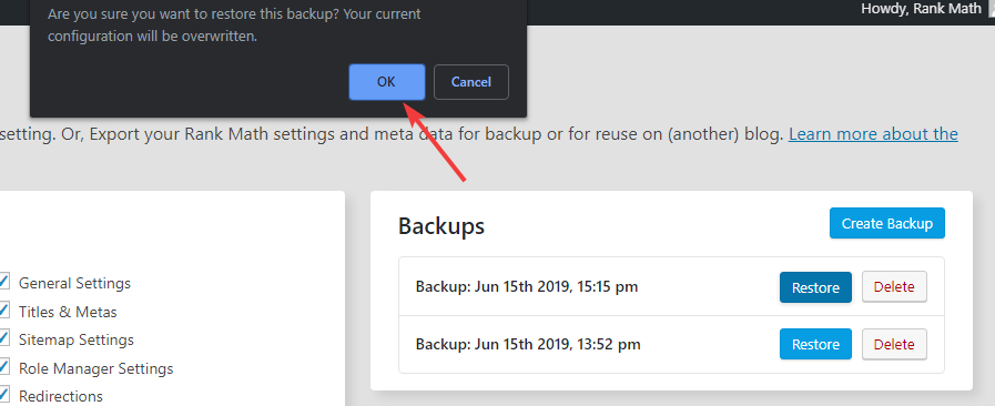 confirm restore of backed up data