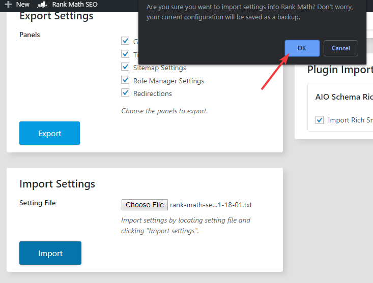 confirm the import of settings