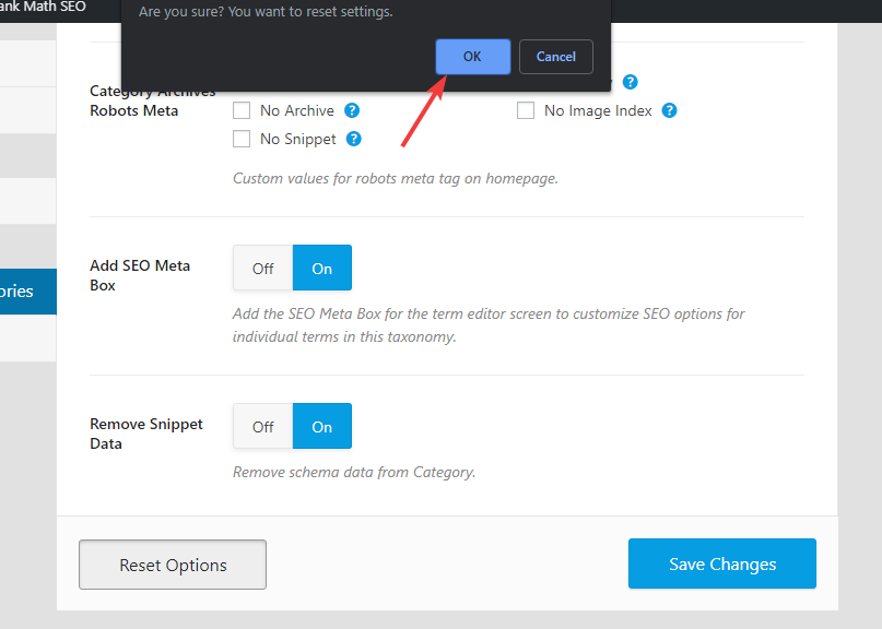 confirmation box for resetting settings