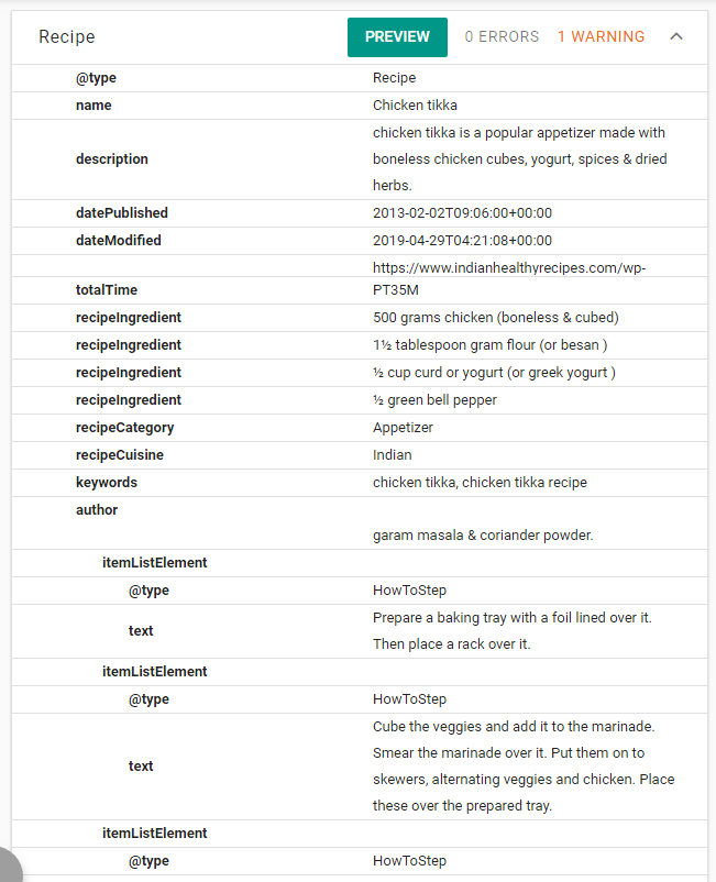 details of recipe rich snippet
