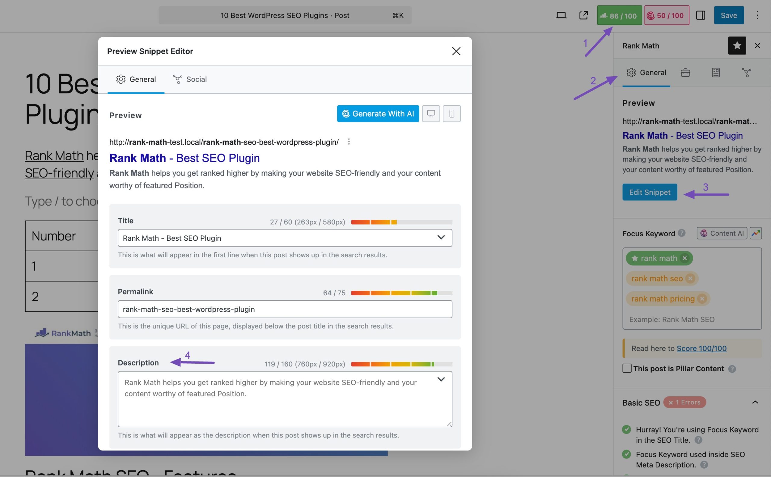 Set custom meta description in Rank Math