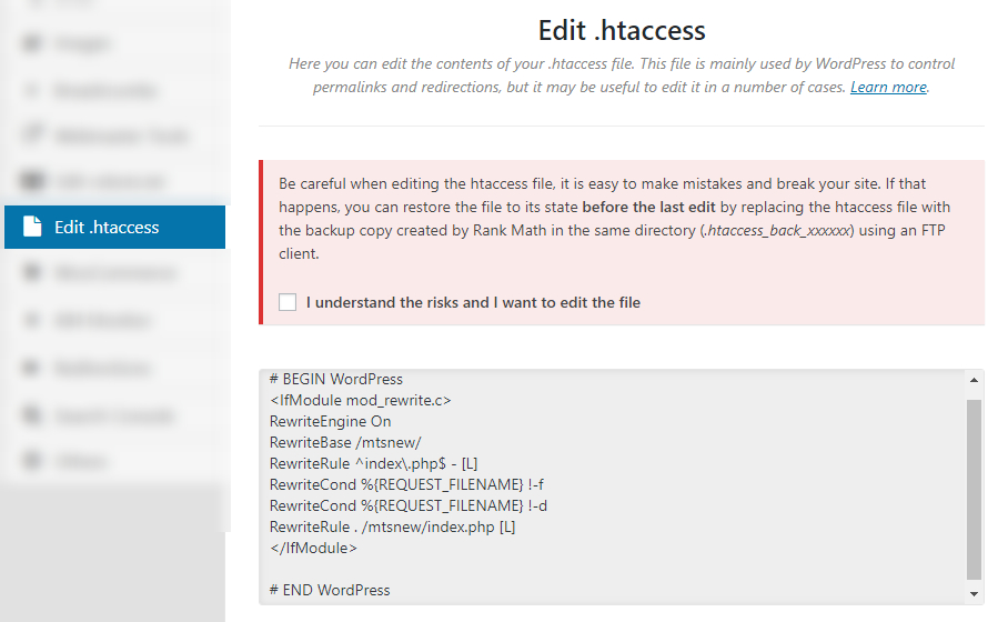 edit htaceess file