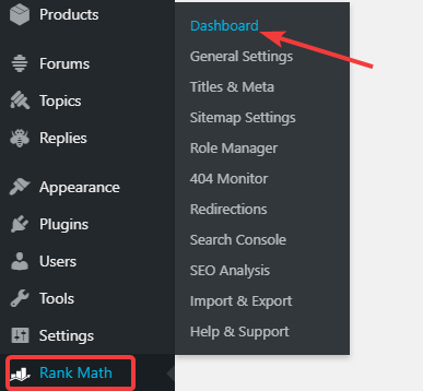 go to rank math dashboard