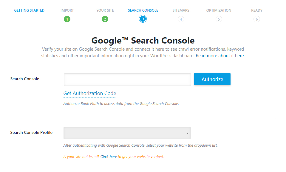 google search console setup page