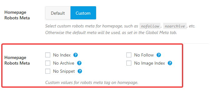 homepage robots meta detailed options