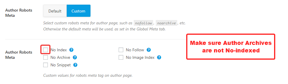 make sure author robots meta are indexed