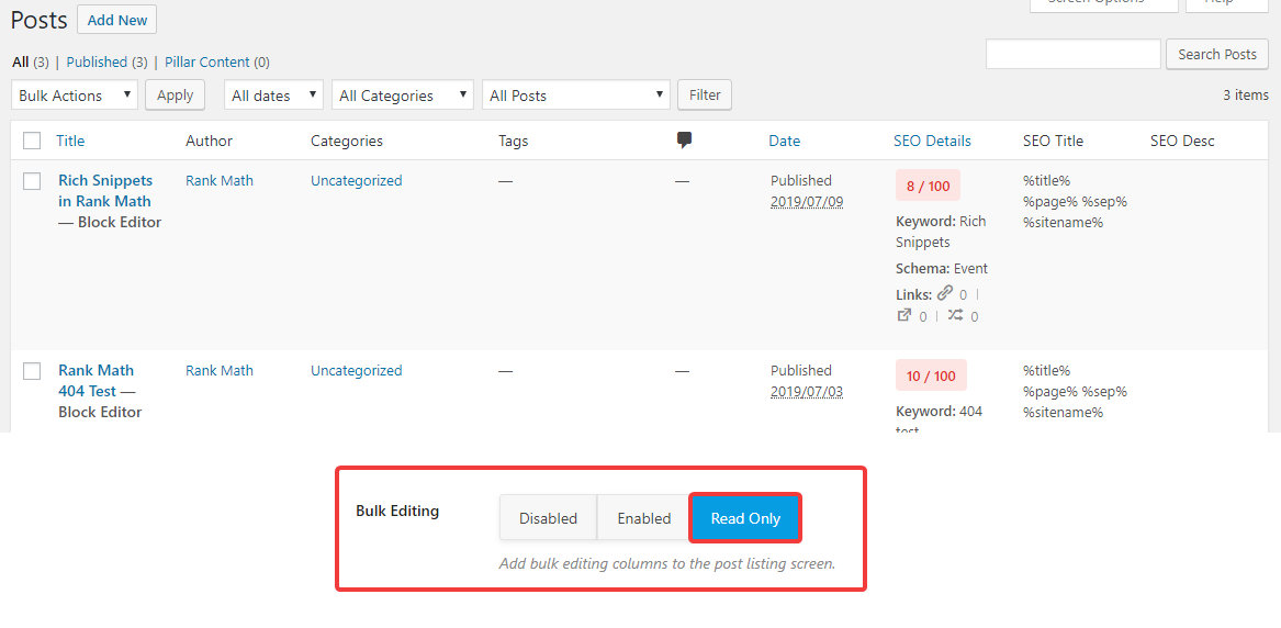 Bulk Editing Options in the Rank Math SEO Plugin