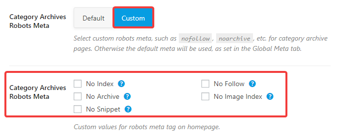 product category archives robots meta custom settings