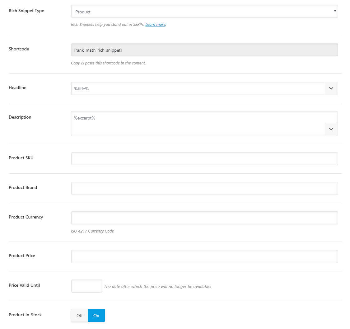 product rich snippet all options