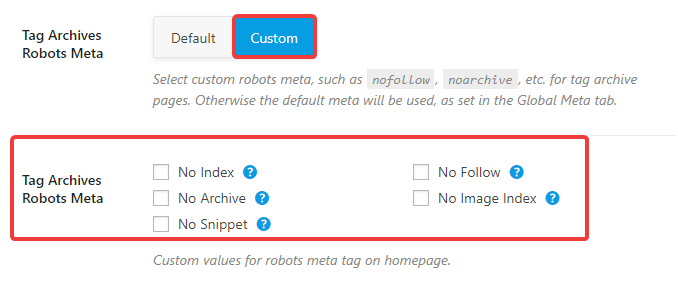 product tag archives robots meta custom settings