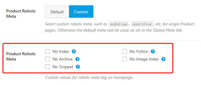 products robots meta custom settings