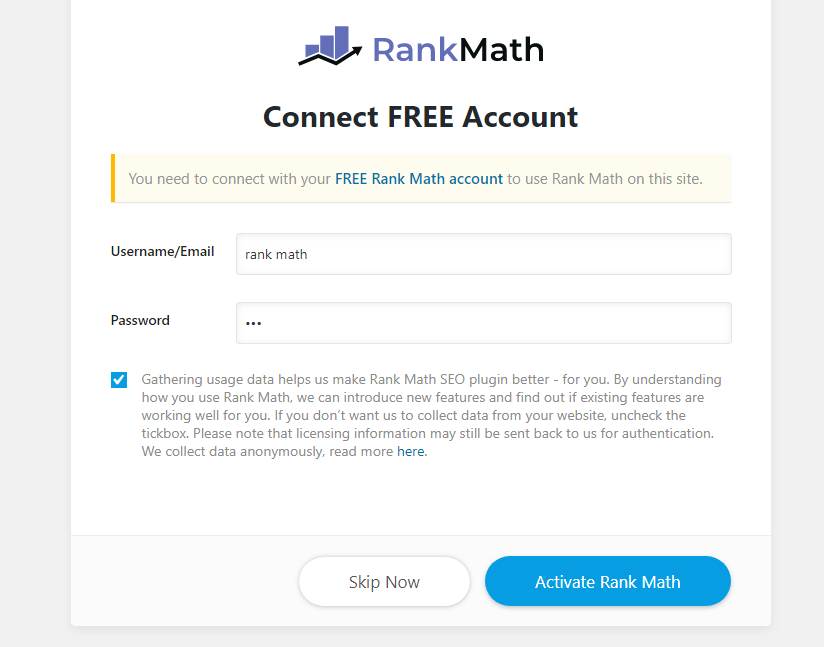 rank math activation screen