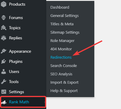 reach the redirections page in rank math