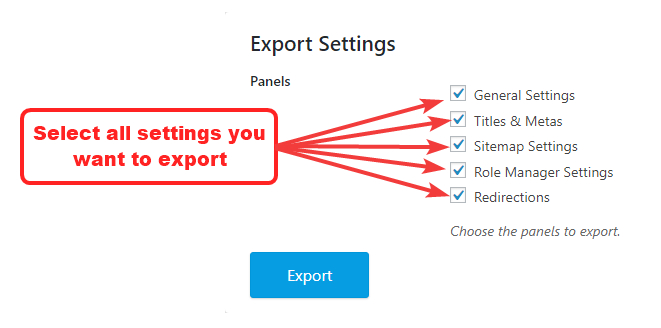 select settings to export from rank math