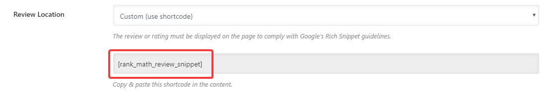 shortcode to copy for review rich snippt custom embed