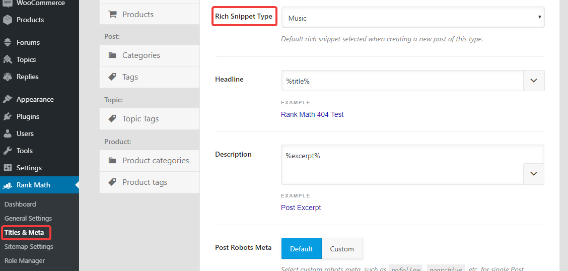 some rich snippet settings in rank math