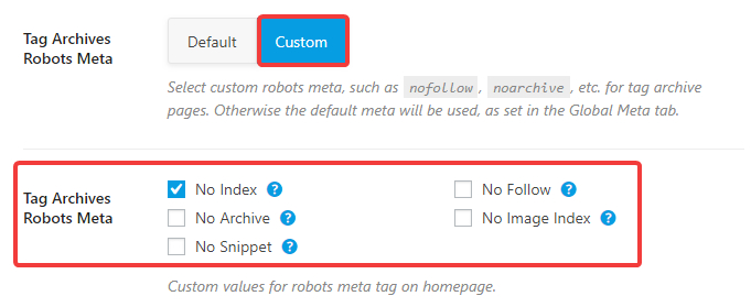 tag archive robots meta custom settings