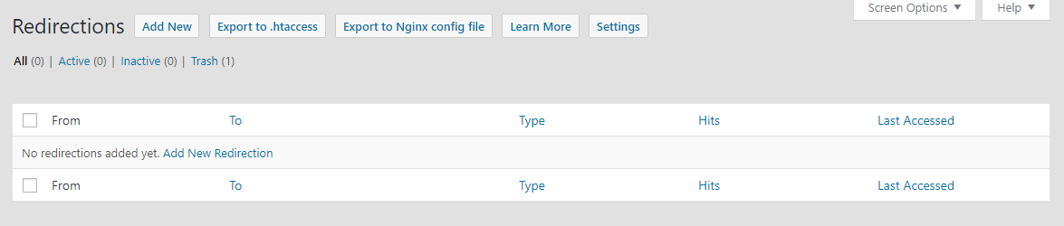 the redirections page in rank math