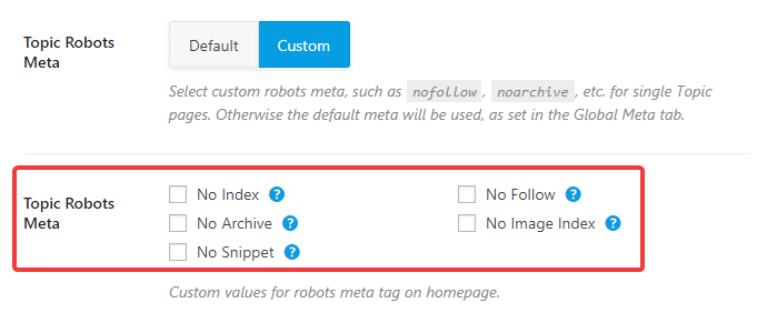 topic robots meta custom settings