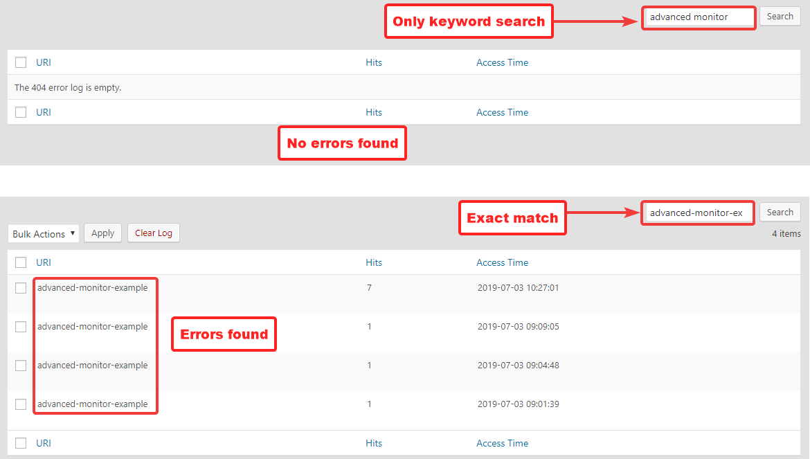 use 404 monitors search option to find errors