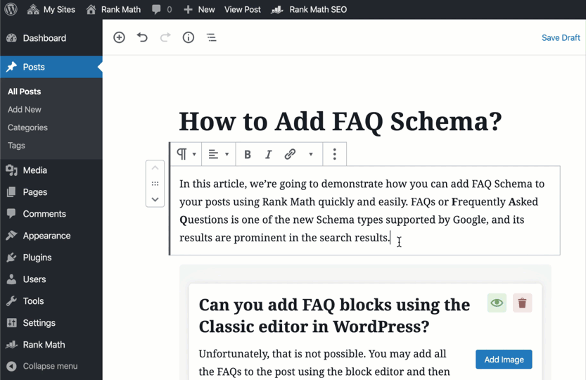 Rank Math FAQ Block in Block Editor