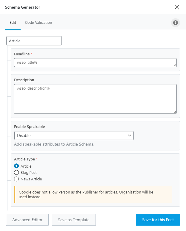 All Options In Article Type Schema