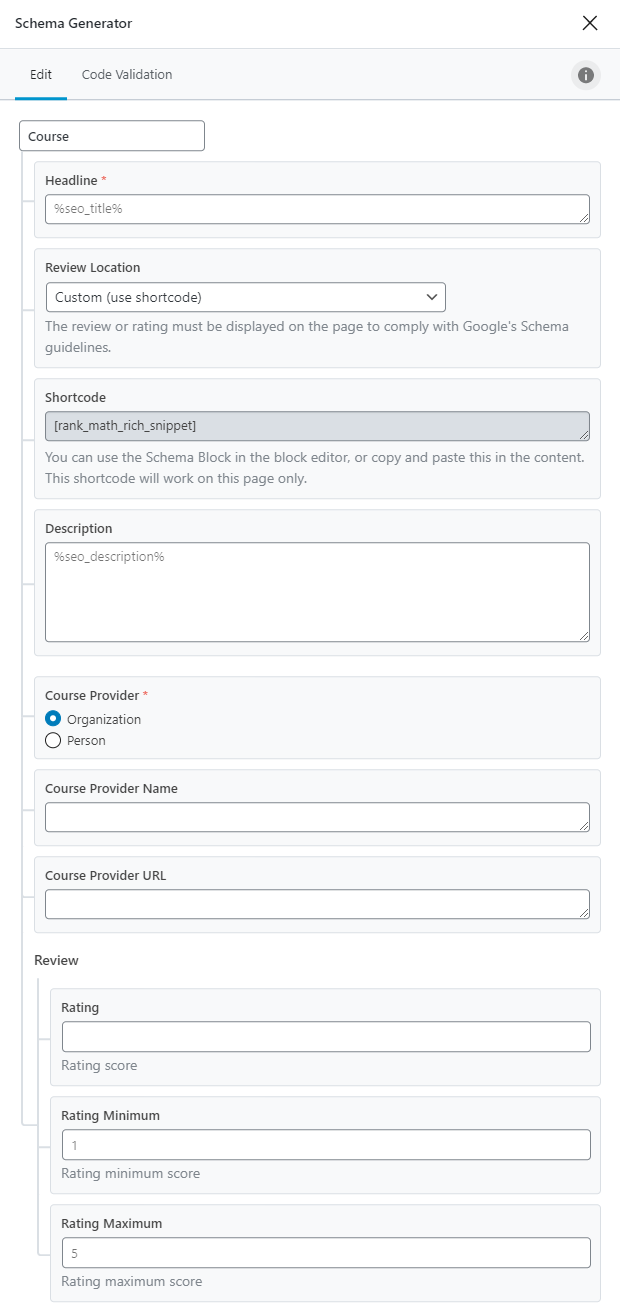 All Options In Course Type Schema