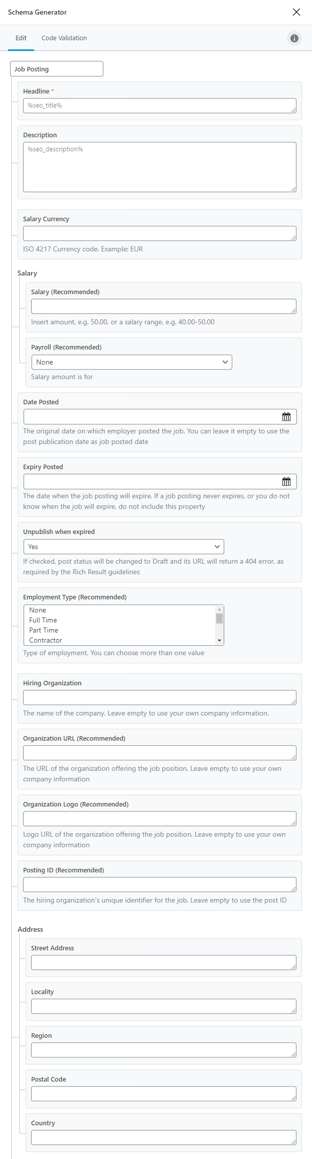 All Options In Job Posting Type Schema