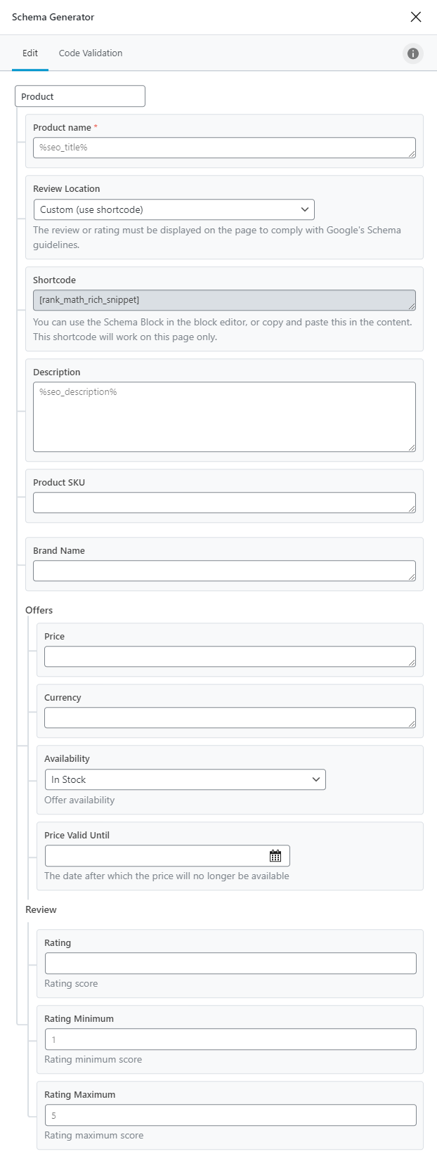 All Options In Product Type Schema