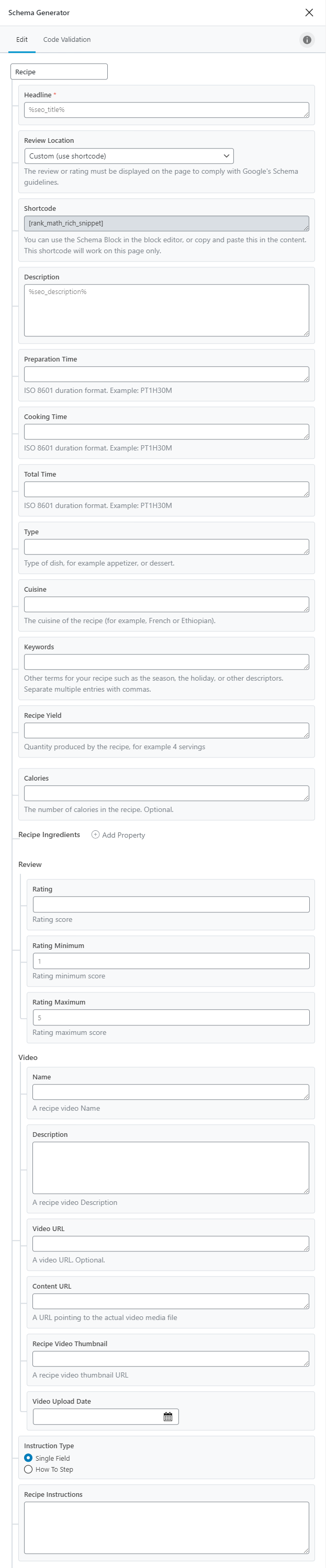 All Options In Recipe Type Schema