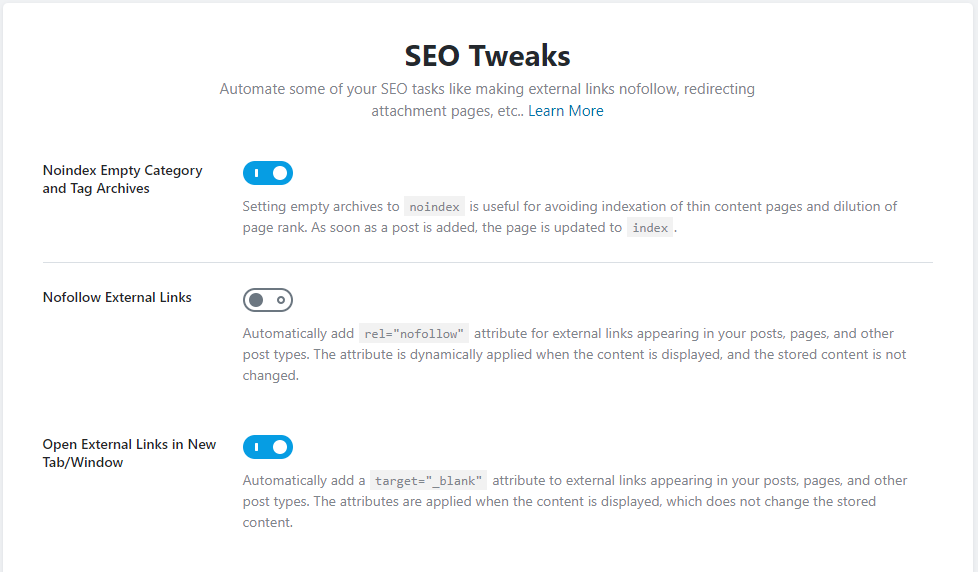 All Options In The Seo Tweaks Page