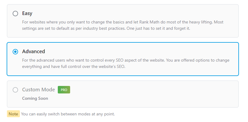 All The Modes In Rank Math Setup Process