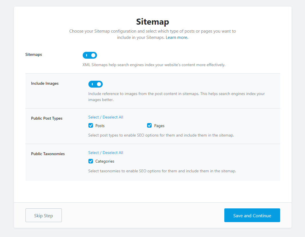 All The Options In The Sitemap Step